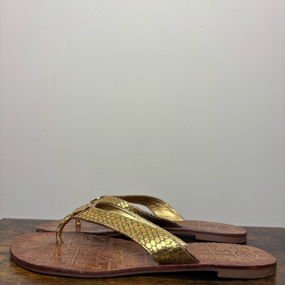 Tory Burch Gold Thora 2 Metallic Tumbled Snake Print Sandals Womens Size 7